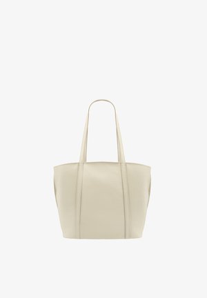 Beżowa skórzana torba typu tote z dwoma długimi uchwytami, teksturowaną powierzchnią i pojemnym, prostokątnym kształtem. Bez widocznych ozdób czy elementów metalowych.