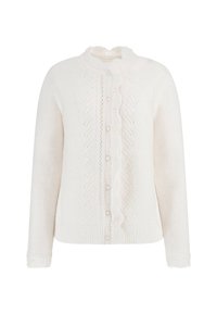 Weißer gestrickter Cardigan mit strukturierter Ripp-Optik, dekorativem Spitzenbesatz in der Mitte, rundem Kragen und vorderen Knöpfen. Lange Ärmel.