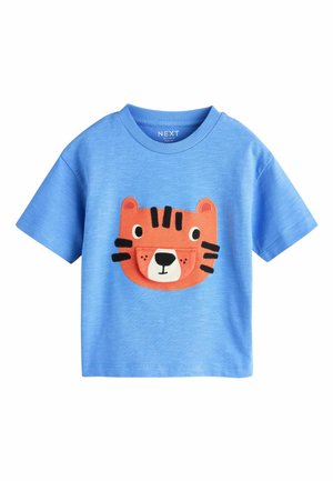 Blue cotton t-shirt featuring a colorful tiger face design with orange and black accents. Short sleeves and a round neckline, smooth texture.