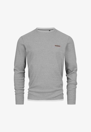 Gray long-sleeve sweater with ribbed texture, crew neck, and a subtle brown logo accent on the left chest. White inner collar detail.