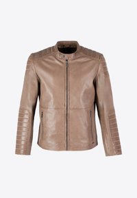Giacca da motociclista in pelle marrone con accenti trapuntati sulle spalle e sulle braccia, dotata di una cerniera frontale e due tasche laterali con zip.
