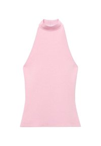 Pink sleeveless top with a high neck, made from a smooth knit fabric. Features a fitted shape and clean edges. No visible patterns or accents.