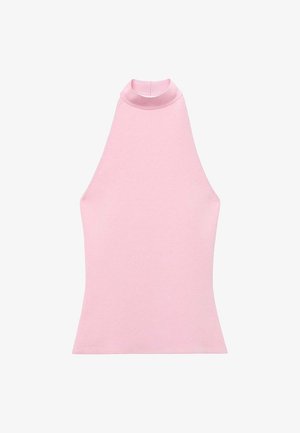 Top rosa senza maniche con collo alto, realizzato in un tessuto a maglia liscio. Presenta una forma aderente e bordi puliti. Nessun motivo o dettaglio visibile.