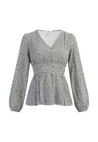 Blumenbluse in Hellblau mit V-Ausschnitt, langen Ärmeln, gerafftem Taillengürtel und Holzknöpfen. Weicher, strukturierter Stoff mit lockerer Passform.