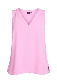 Top rosa senza maniche con scollatura a V, caratterizzato da una texture arricciata sulle spalle e fessure laterali all'orlo per un tocco in più.