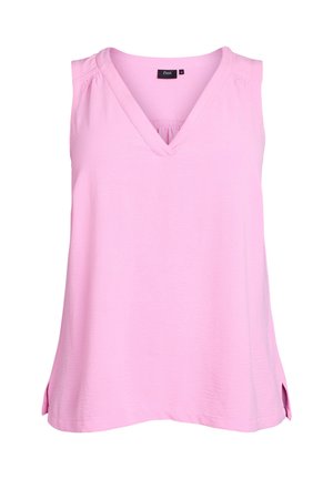 Pink sleeveless top with a V-neckline, featuring gathered texture at the shoulders and side slits at the hem for added detail.