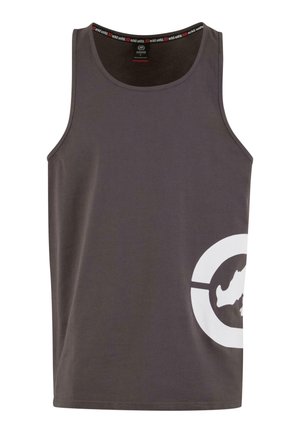 Sleeveless gray tank top made of cotton, featuring a large white logo on the left side and a branded neckline.