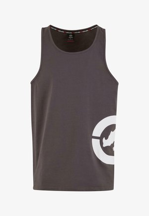 Rankogai be rankovių, pilkos spalvos, pagamintas iš medvilnės, su dideliu baltu logotipu kairiajame šone ir su prekės ženklu iškirpte.