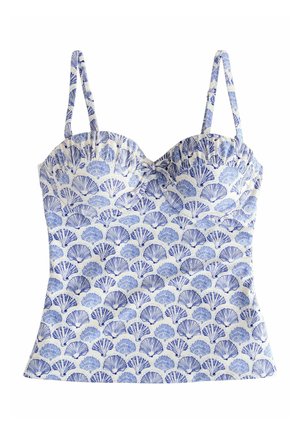 Valge kampsun sinise merikarpide mustriga, tugevalt istuv rinnaosa topeltlõigetega ja õhukeste reguleeritavate õlapaeladega.