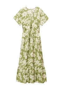 Robe midi verte avec imprimé floral blanc, manches courtes, décolleté en V, ceinture à la taille et ourlet à volants.