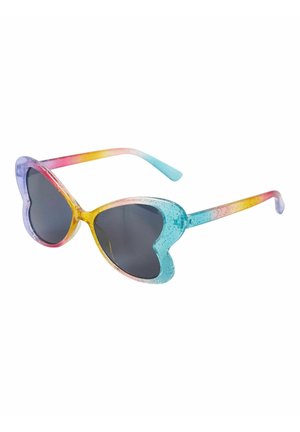 Heart-shaped sunglasses with glittery multicolor gradient frames and dark tinted lenses on a white background.