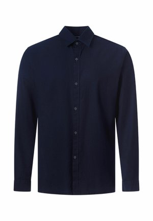 Marineblauw overhemd met lange mouwen en knopen, met een klassieke kraag en knoopmanchetten, afgebeeld op een effen witte achtergrond.