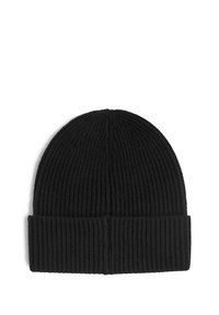Cappello beanie nero lavorato a maglia con texture a costine e risvolto. Il design è semplice e versatile, adatto a diverse occasioni.