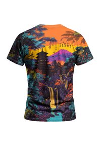 Short-sleeve T-shirt featuring a colorful landscape design. Material is a lightweight fabric with a vibrant sunset, mountains, and waterfalls.