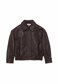 Pruun nahkjope, millel on tekstuuriga viimistlus, nööpidega kinnihoidmine ja elastne ääreosa; jakk sisaldab krae ja küljehproduk. 