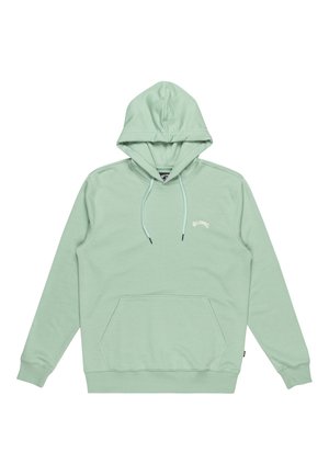 Sudadera verde menta con un bolsillo canguro, capucha con cordón, puños y dobladillo acanalados. Presenta un pequeño logo encima del bolsillo.