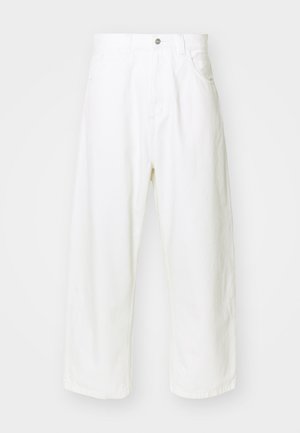 White wide-leg jeans made from denim, featuring a high waist, five pockets, and a button closure. Simple design with raw hem edges.
