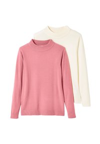 Deux pulls à col roulé : un rose, un crème. Les deux ont des encolures côtelées, des manches longues et une texture douce et lisse. Tissu tricot léger.