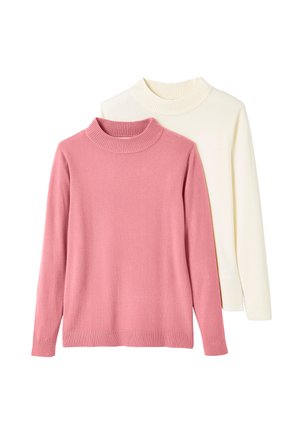 Due maglioni a collo alto: uno rosa, uno crema. Entrambi hanno colli a coste, maniche lunghe e una texture morbida e liscia. Tessuto a maglia leggero.