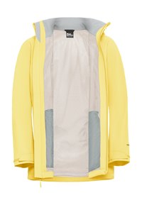Gelbe wasserdichte Jacke mit grauem Innenfutter, mit Reißverschluss vorne, langen Ärmeln und Mesh-Taschen. Glatte Textur, praktisches Design.