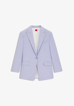 Lilac blazer with notched lapels, single button closure, two front pockets, and a subtle sheen. Lined interior with contrasting trim.
