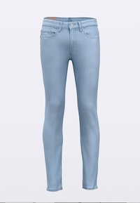Lichtblauwe skinny jeans gemaakt van denim, met vier zakken, een rits aan de voorkant en een metalen knoopsluiting. Soepele textuur met minimale vervaging.