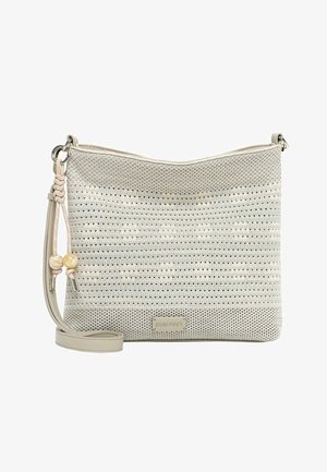 Beige olkalaukku kudotulla pinnalla, säädettävällä remmillä, koristehelmillä ja pienellä suorakaiteen muotoisella merkkilaattalla edessä.