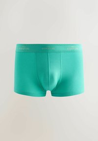 Boxer-briefs turquoise pour hommes avec poche frontale cousue et ceinture élastique de marque indiquant "NEXT SIGNATURE".