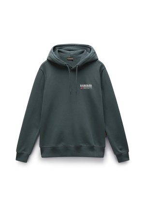 Hoodie in donkergroen, gemaakt van een katoenmix. Heeft een voorzak, ribgebreide manchetten en een logo-opdruk op de borst.