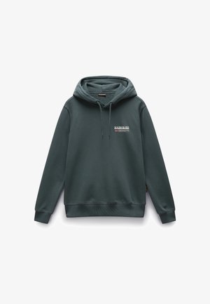 Kapuzensweatshirt in Dunkelgrün, aus einem Mischgewebe aus Baumwolle. Mit einer Fronttasche, gerippten Bündchen und einem Logo-Patch auf der Brust.