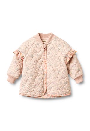 Giacca trapuntata rosa pallido per bambino piccolo con dettagli a volant floreali sulle maniche, colletto e polsini a costine e chiusura frontale con cerniera.