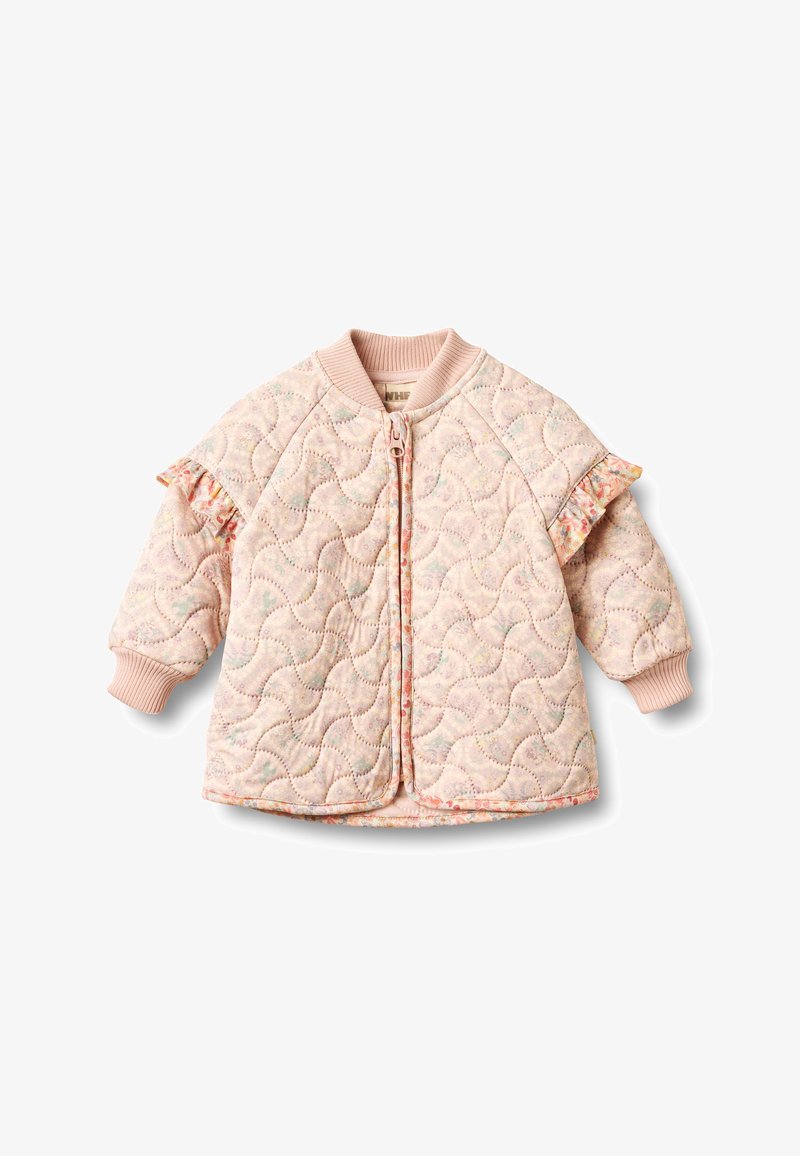 Heledat roosa beebijakk tikitud mustriga, lilleliste volangidega varrukatel, soonikkoeline krae ja varrukaotsad ning ees tõmblukuga sulgemine.