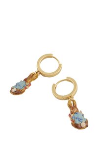 Gold hoop earrings feature intricate charms depicting a colorful design, including light blue and brown accents, and a small pearl detail.