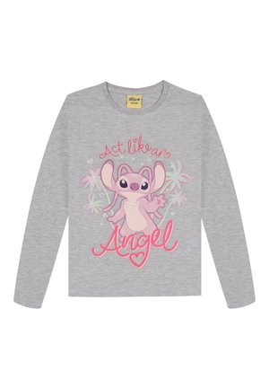 T-shirt gris à manches longues avec un personnage de dessin animé rose aux grandes oreilles, entouré de cœurs et du texte "Agis comme un ange."