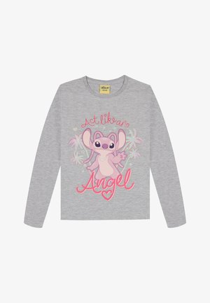 Grijze T-shirt met lange mouwen, featuring een roze cartoonfiguur met grote oren, omringd door harten en de tekst "Gedraag je als een Engel."