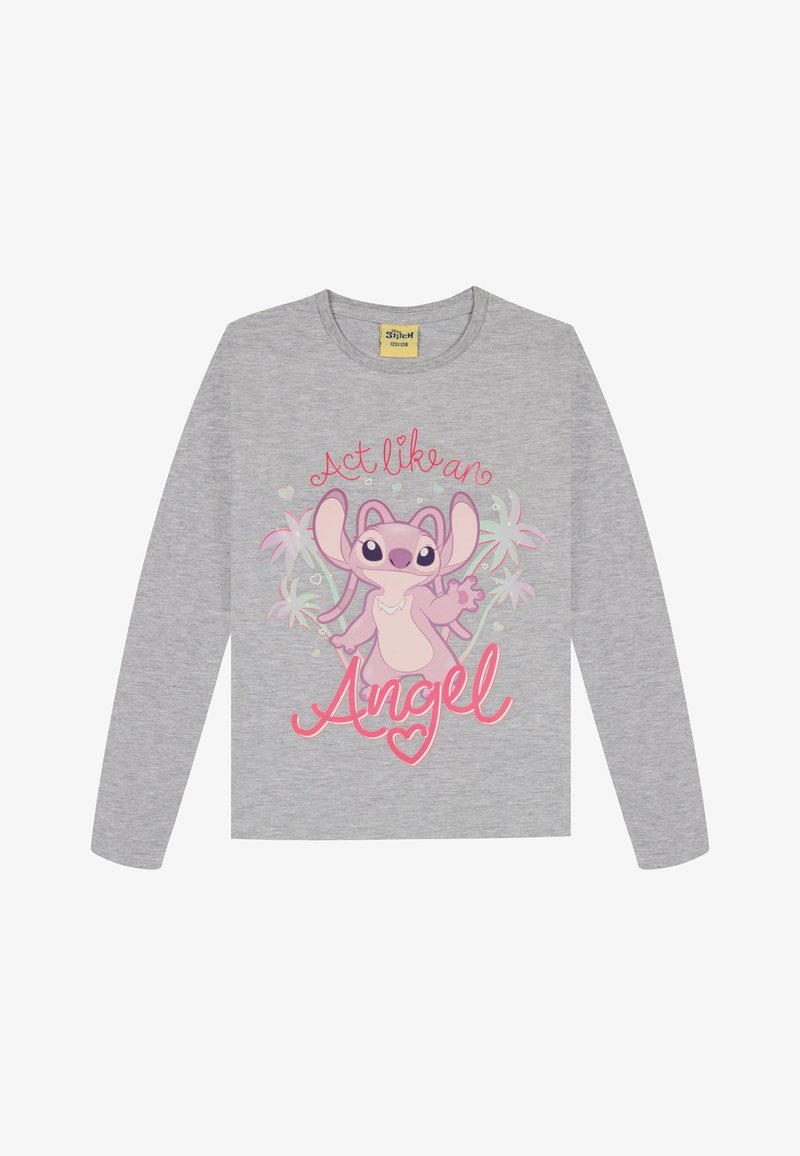 Langärmliges graues T-Shirt mit einem rosa Cartoon-Charakter mit großen Ohren, umgeben von Herzen und dem Text "Verhalte dich wie ein Engel."