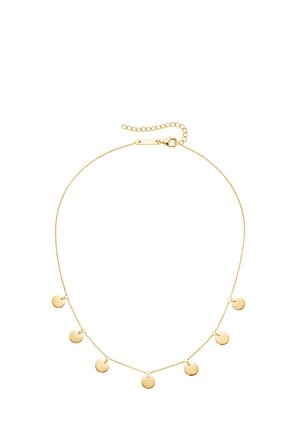 Goldene Halskette mit feiner Kette, die fünf runde Anhänger trägt. Die Anhänger sind gleichmäßig verteilt und haben eine polierte, reflektierende Oberfläche.