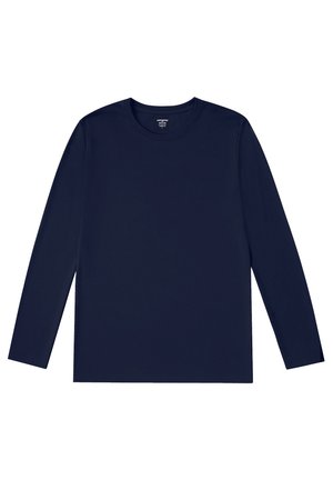 Tricou cu mâneci lungi de culoare bleumarin, realizat dintr-un material neted, cu decolteu rotund și croială dreaptă, fără modele sau embellismente.