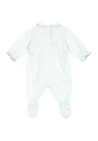 Ovetto bianco per neonati con colletto, maniche lunghe, polsini elasticizzati e design con piedini. Presenta una chiusura a bottoni e un bordo decorativo.