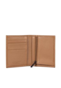 Tan leather wallet with multiple card slots and a zippered compartment. Smooth texture with stitched edges and a subtle logo.