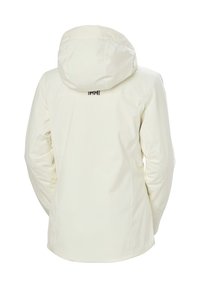 Witte waterdichte jas met capuchon, voorzien van een gladde textuur en ritszakken aan de zijkanten. Aan de achterkant is een logodetail bij de hals zichtbaar.