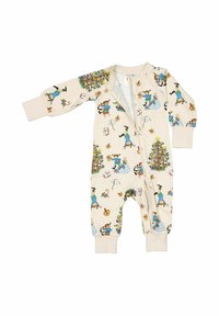 Vaaleankreeminvärinen haalari, joka on valmistettu pehmeästä kankaasta ja jossa on leikkisiä kuvastoja lapsista, eläimistä ja koristellusta joulukuusesta. Vetoketjukiinnitys.