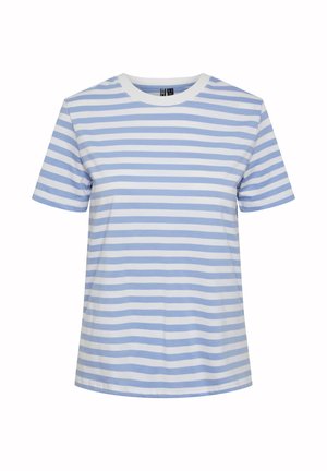 T-shirt à manches courtes bleu et blanc à rayures, avec un col rond, fabriqué en coton doux, présentant des rayures horizontales uniformes.
