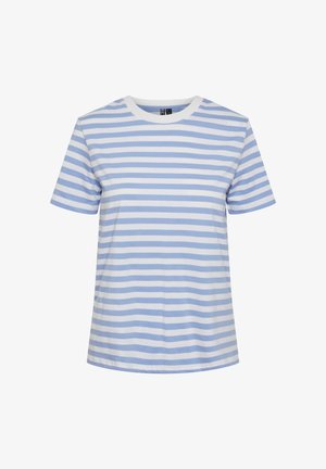 Blau-weißen gestreiften Kurzarm-T-Shirt mit rundem Halsausschnitt, aus weicher Baumwolle, mit gleichmäßigen horizontalen Streifen.