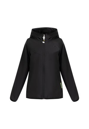 Schwarze Kapuzenjacke mit Frontreißverschluss, langen Ärmeln und kleinem Logo auf der linken Brust vor weißem Hintergrund.
