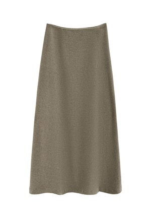 Falda línea A hasta la rodilla en tejido de punto verde oliva con textura suave y un pequeño detalle cosido cerca de la cintura.