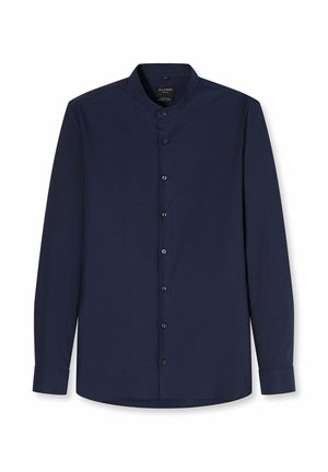 Marineblaues Herrenlangarmhemd mit Stehkragen und durchgehender Knopfleiste, schmale Passform.