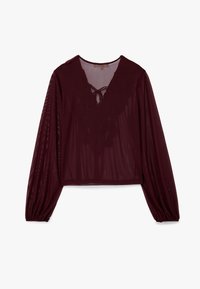Blusa trasparente bordeaux con maniche lunghe a sbuffo, scollatura a V, dettagli in pizzo e coulisse al collo. Tessuto morbido e leggero con una vestibilità comoda.