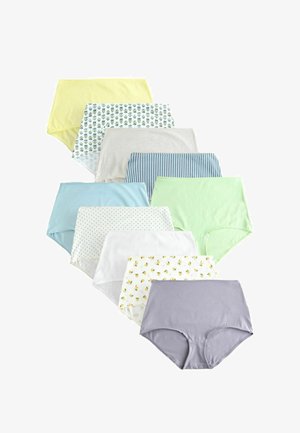 Zece perechi de lenjerie pentru femei cu talie înaltă din bumbac, în culori solide diverse și modele florale, dungi și buline, așezate în formă de evantai.