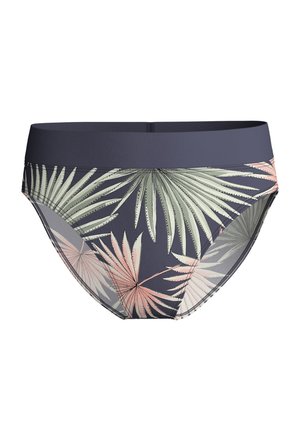 High-waisted bikini briefs featuring a navy background with green and pink palm leaf patterns. Smooth, stretchy fabric with a comfortable waistband.